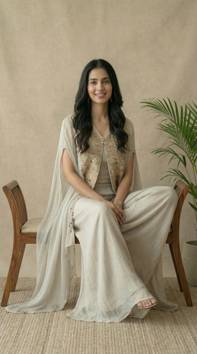 Light Grey Embroidered Cape Indo-Western Set