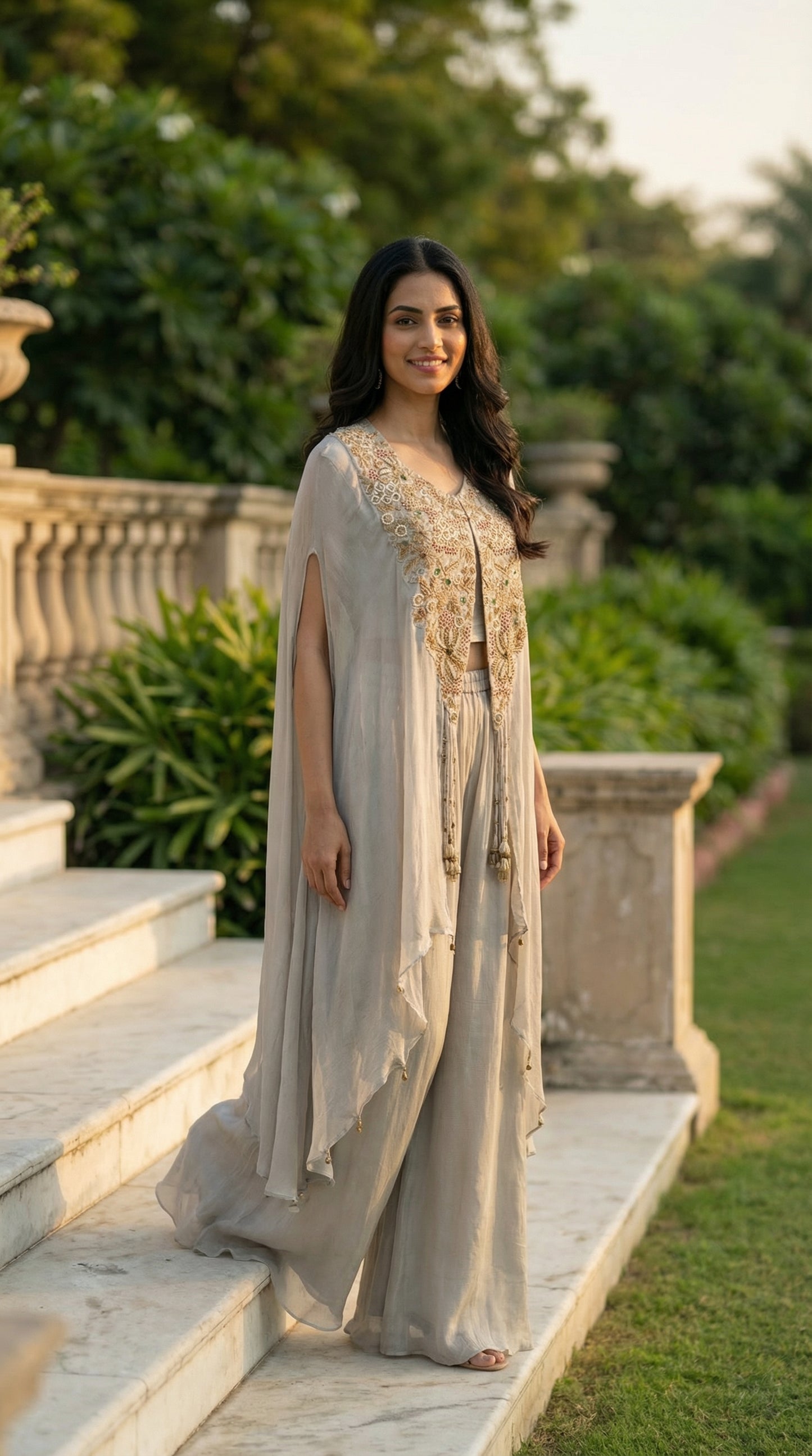 Light Grey Embroidered Cape Indo-Western Set
