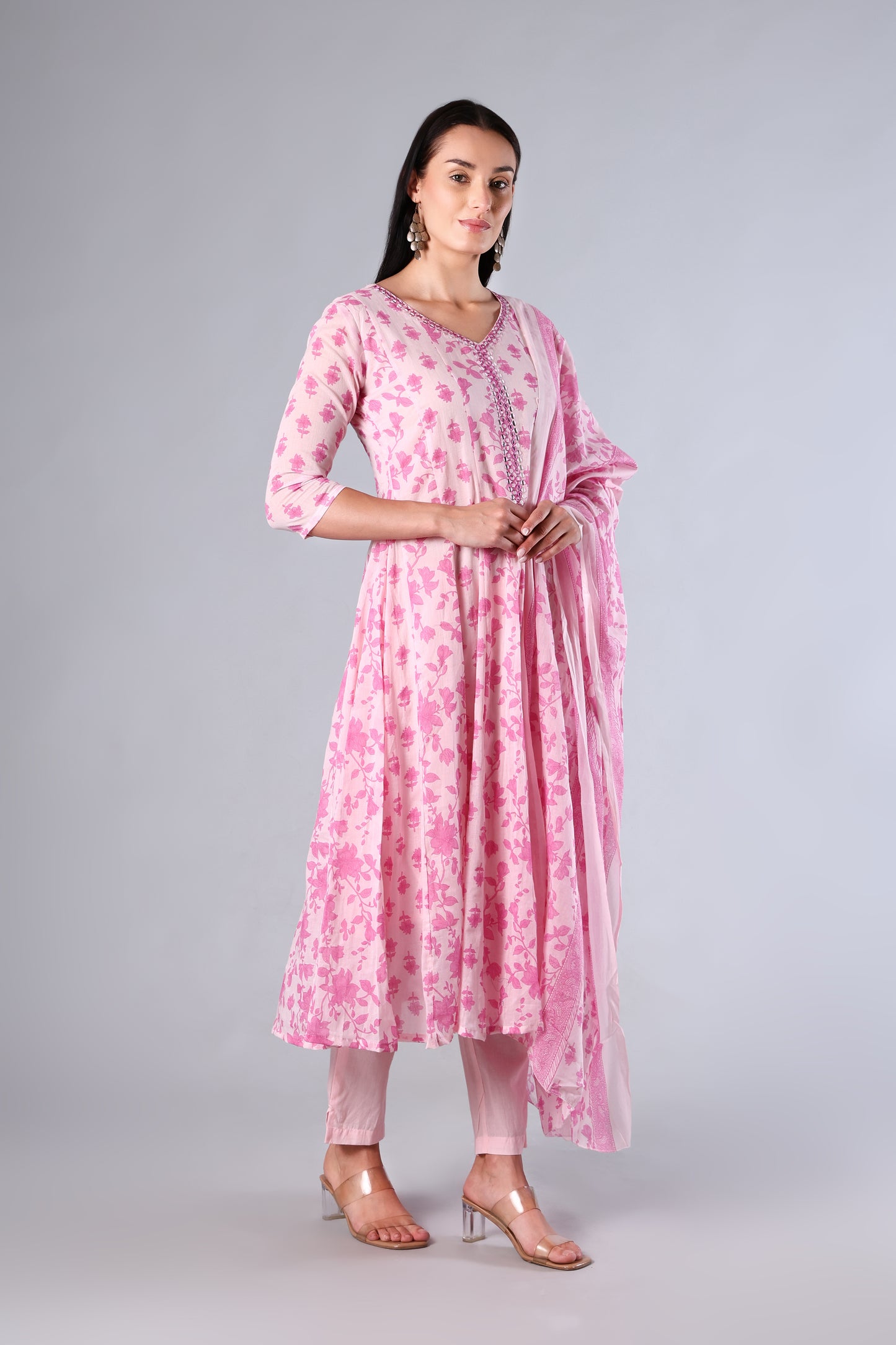 Mishti | Pink Floral Cotton Suit Set with Mirror Work