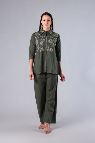 Vamika | Green Embroidered Khadi Cotton Co-ord Set