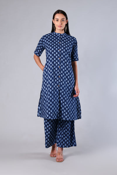 Tarini | Blue Block Print Cotton Suit Set