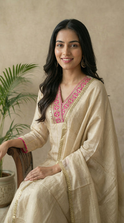 Ivory Shimmer Kurta Set with Embroidered Neckline