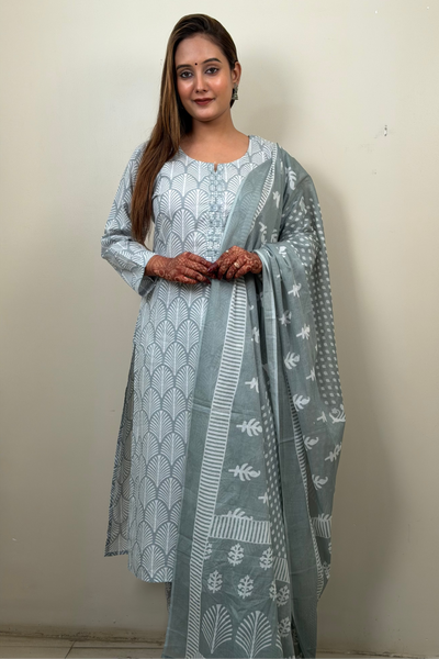 Woman wearing a light blue traditional outfit with a matching dupatta against a plain background