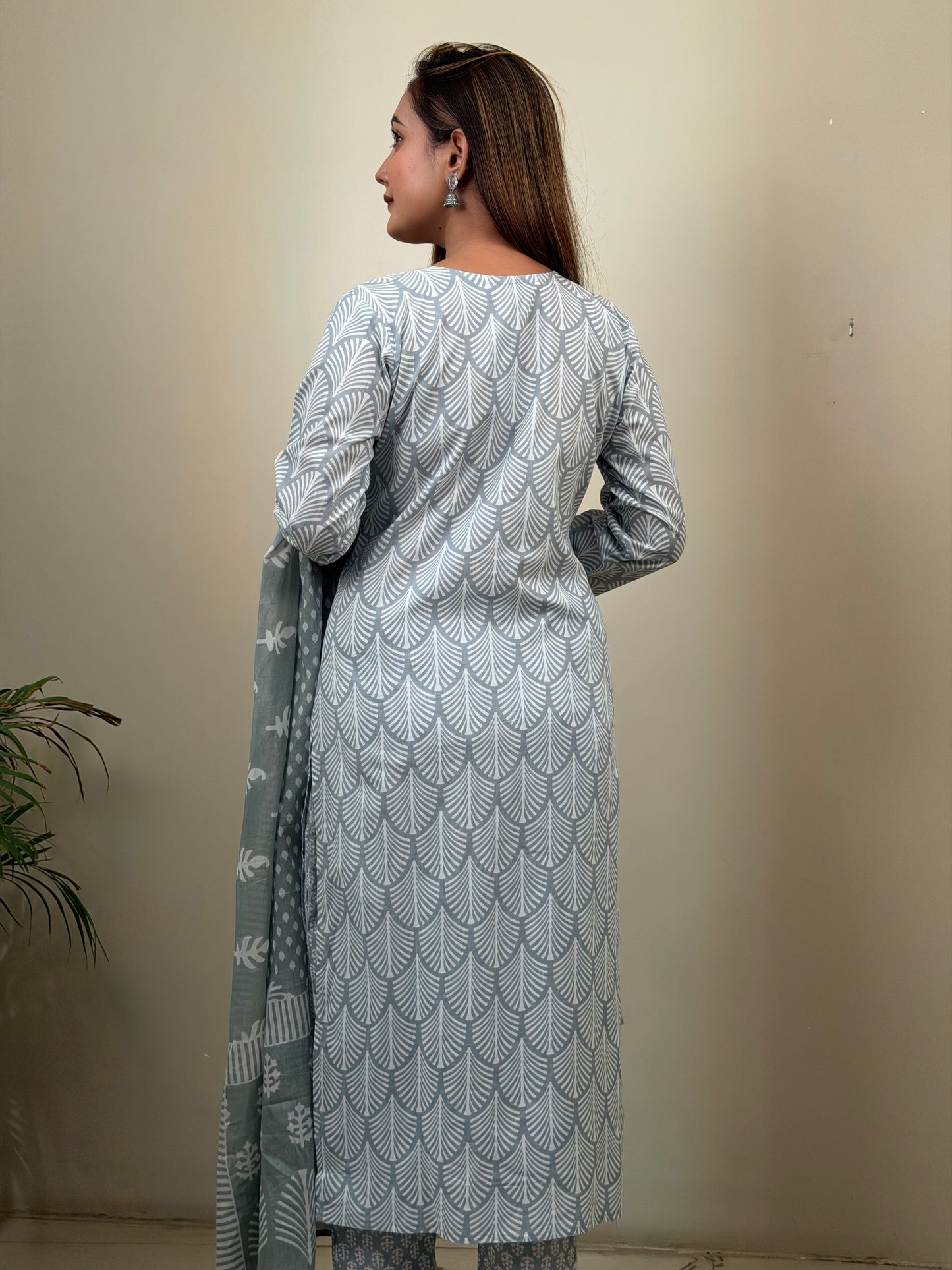 Sage Green Printed Pure Cotton Kurta Set with Dupatta