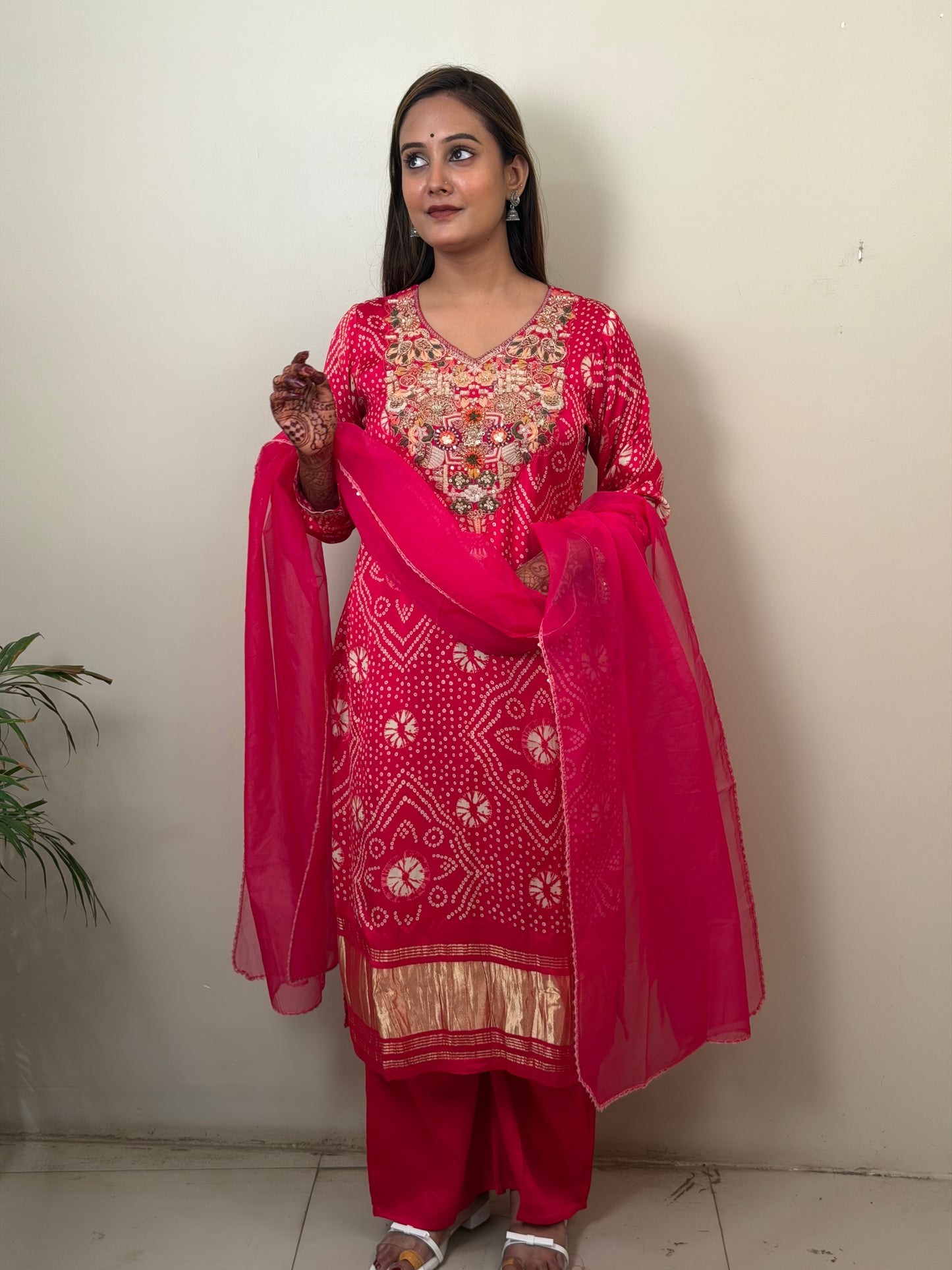Reddish Pink Bandhani Gajji Silk Kurta Set with Designer Dupatta