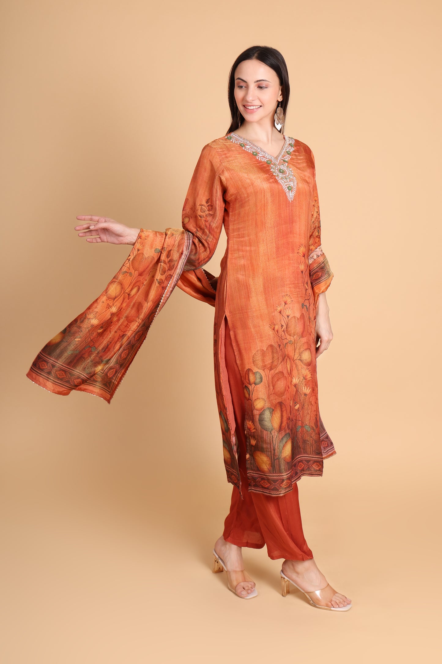 Tissue Embroidered Kurta Set with Printed Dupatta – Rust