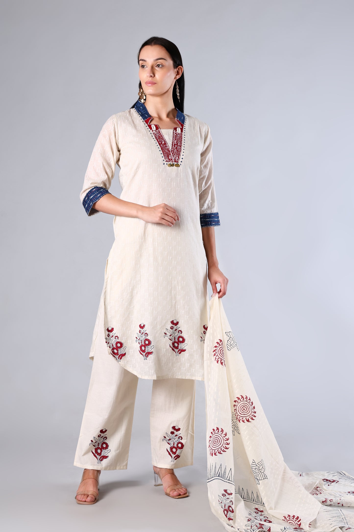 Tanishka | White Block Print Cotton Suit Set