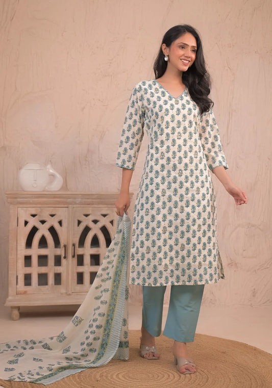 Teal Solid Straight Pant Suit Set with Gota Patti