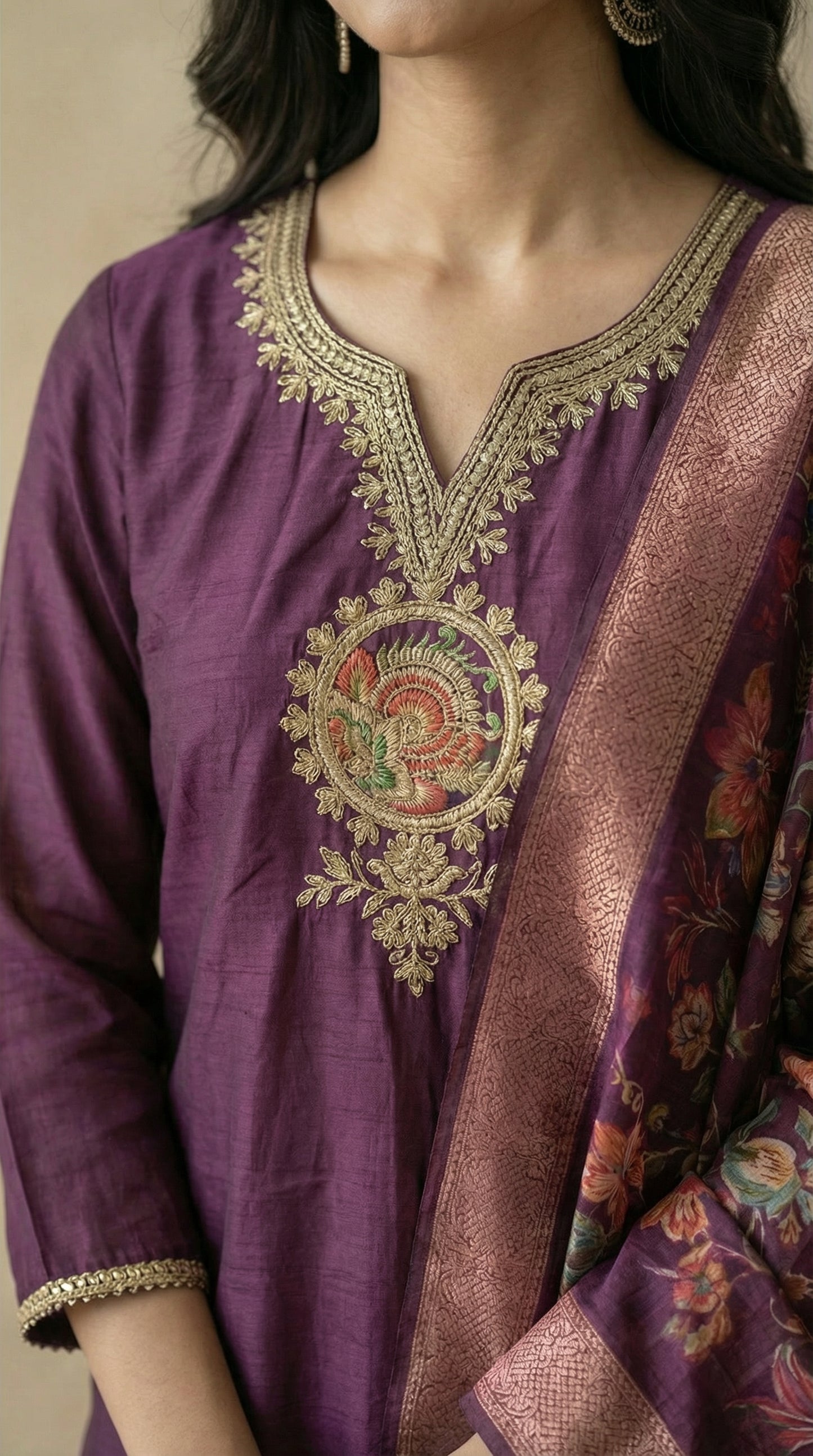 Wine Colour Embroidered Kurta Set with Printed Dupatta