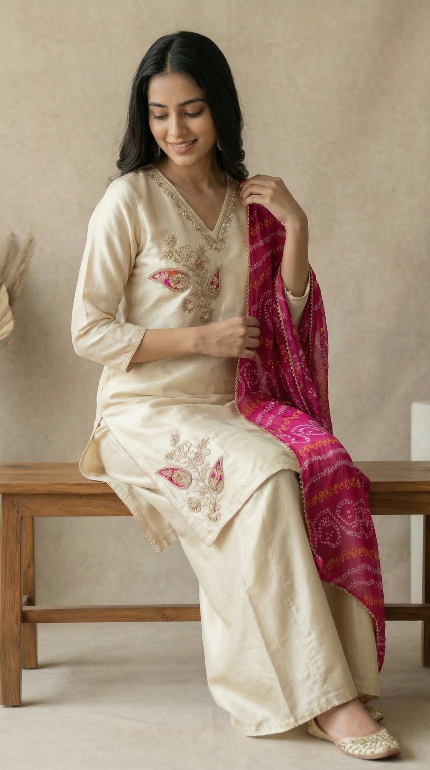 Chiku Coloured Silk Kurta Set with Hand Embroidered Gota Patti & Bandhani Dupatta