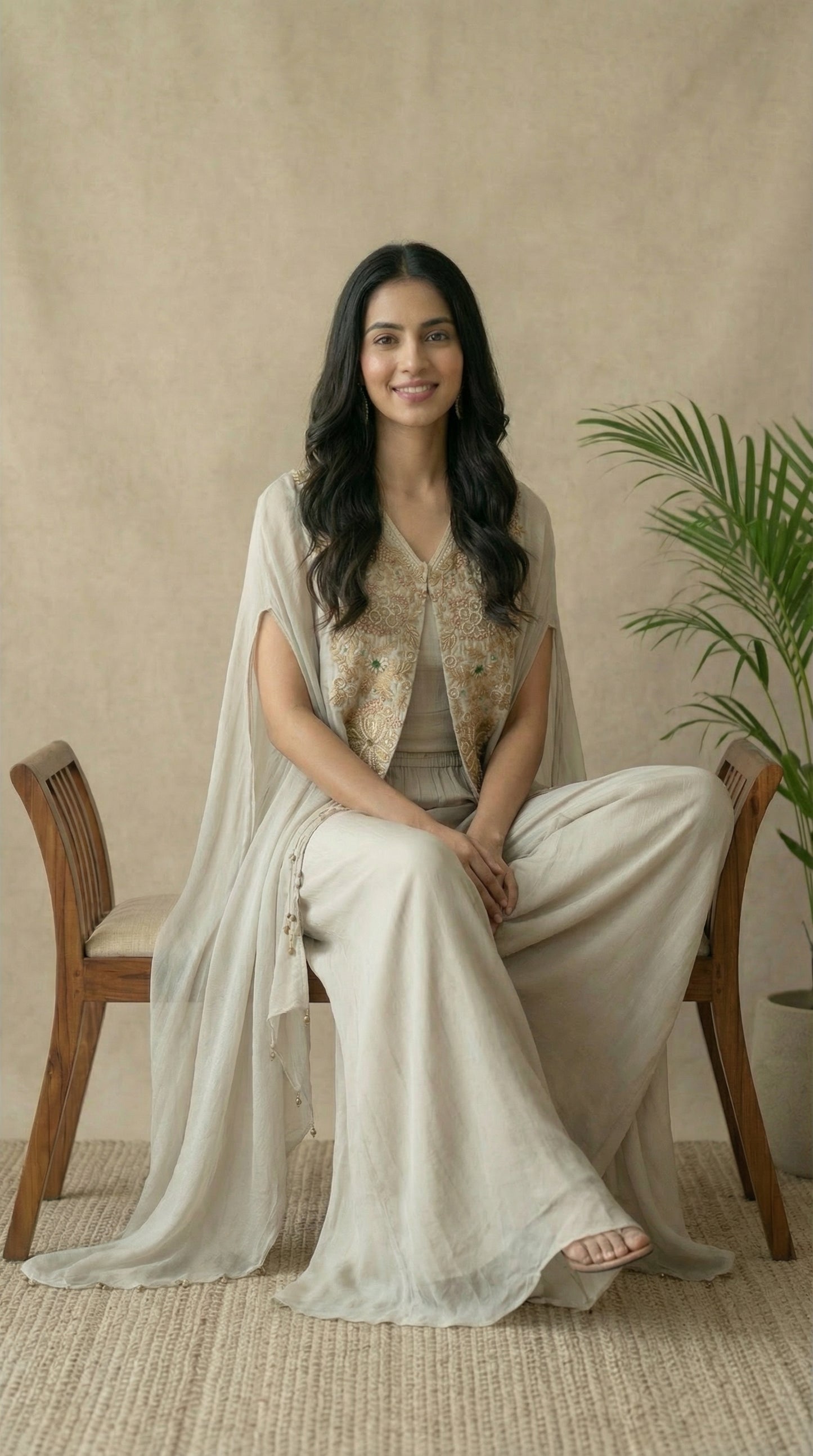 Light Grey Embroidered Cape Indo-Western Set