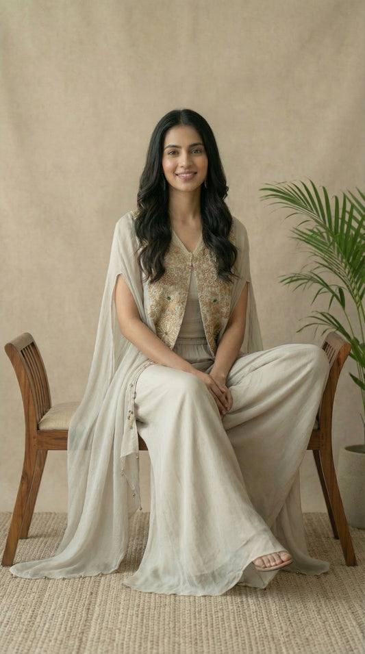 Light Grey Embroidered Cape Indo-Western Set