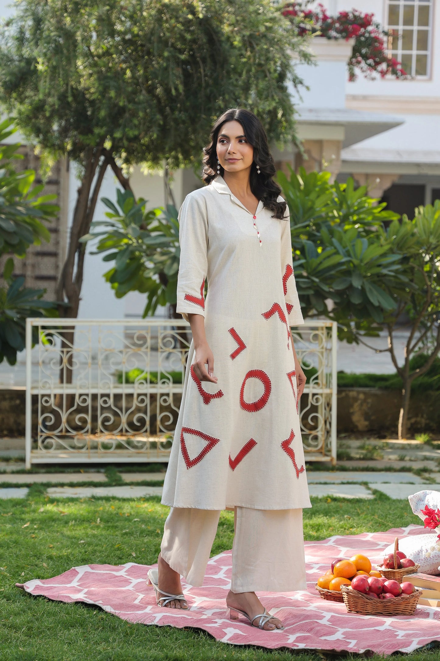 Off White Solid Khadi Cotton Palazzo Suit Set