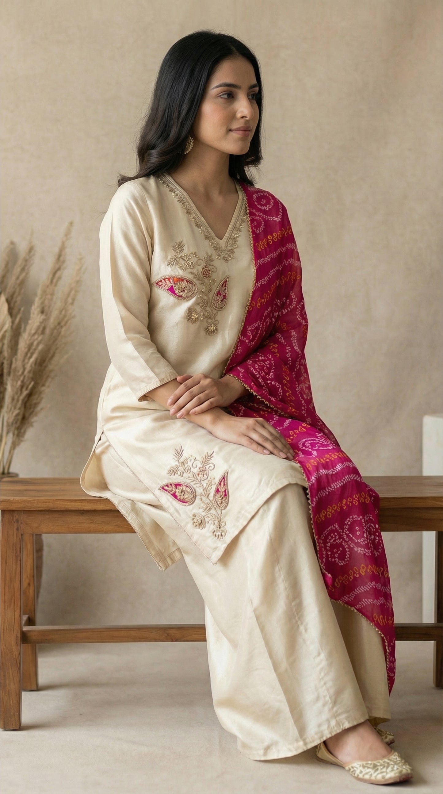 Chiku Coloured Silk Kurta Set with Hand Embroidered Gota Patti & Bandhani Dupatta