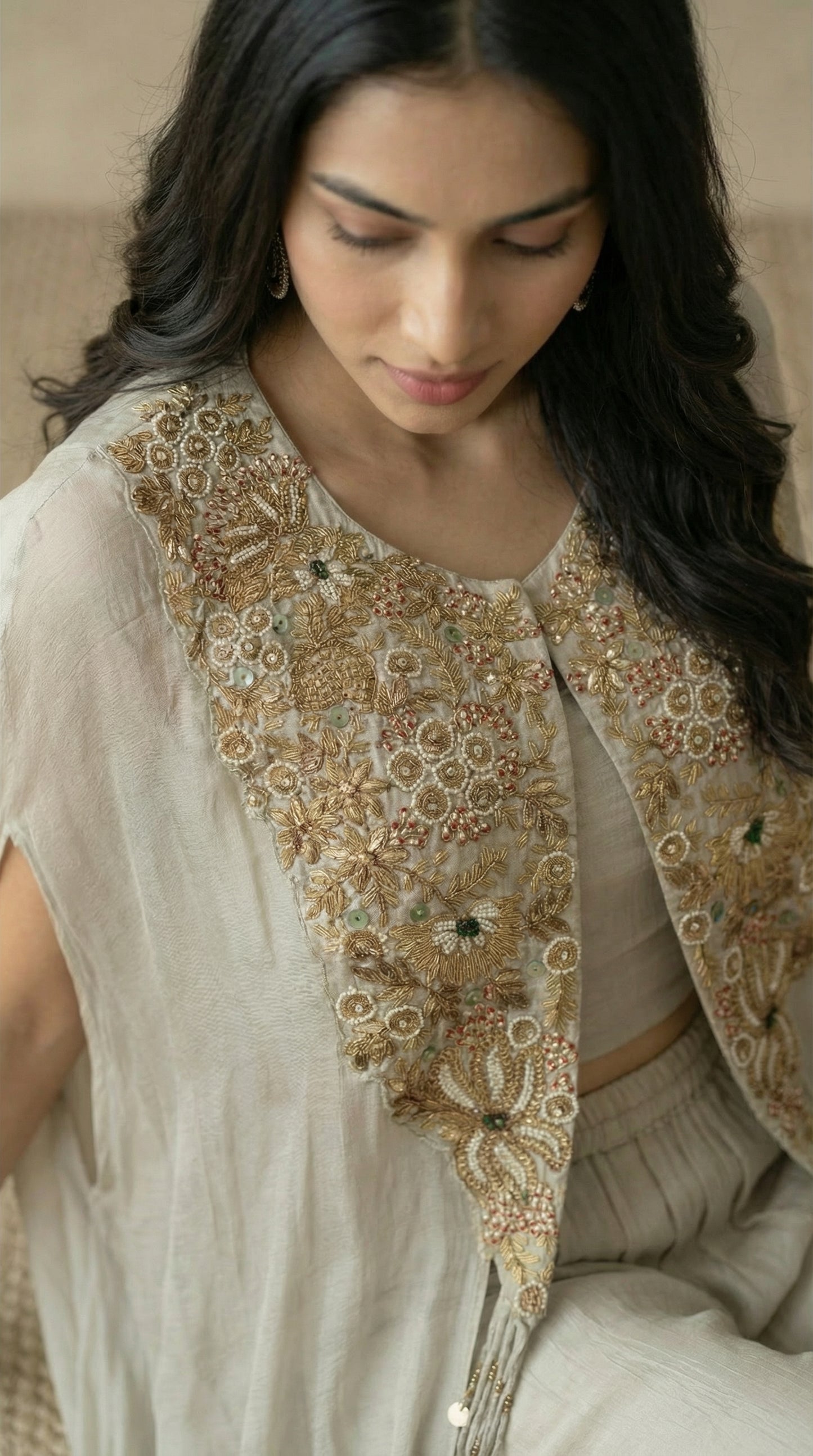Light Grey Embroidered Cape Indo-Western Set