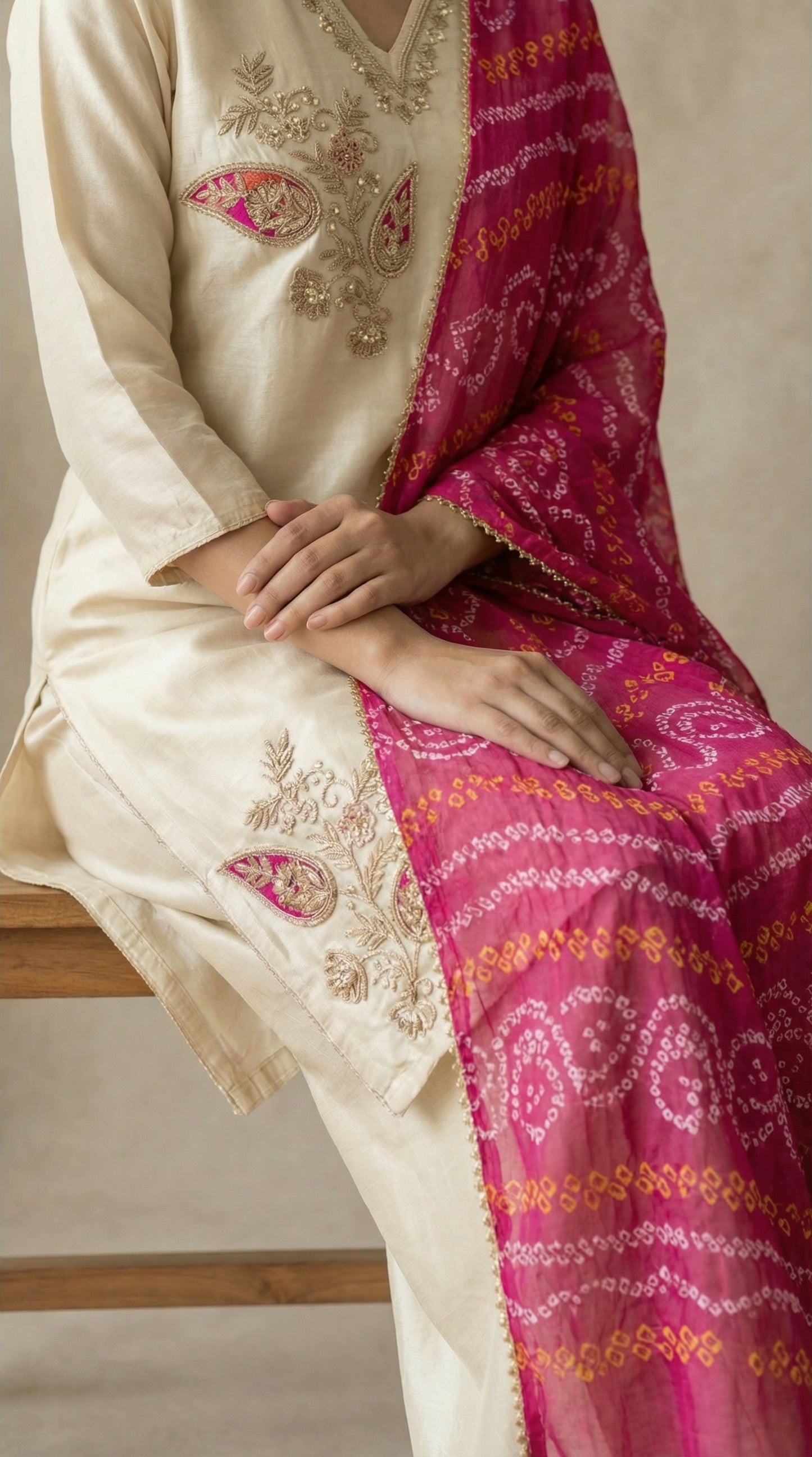 Chiku Coloured Silk Kurta Set with Hand Embroidered Gota Patti & Bandhani Dupatta