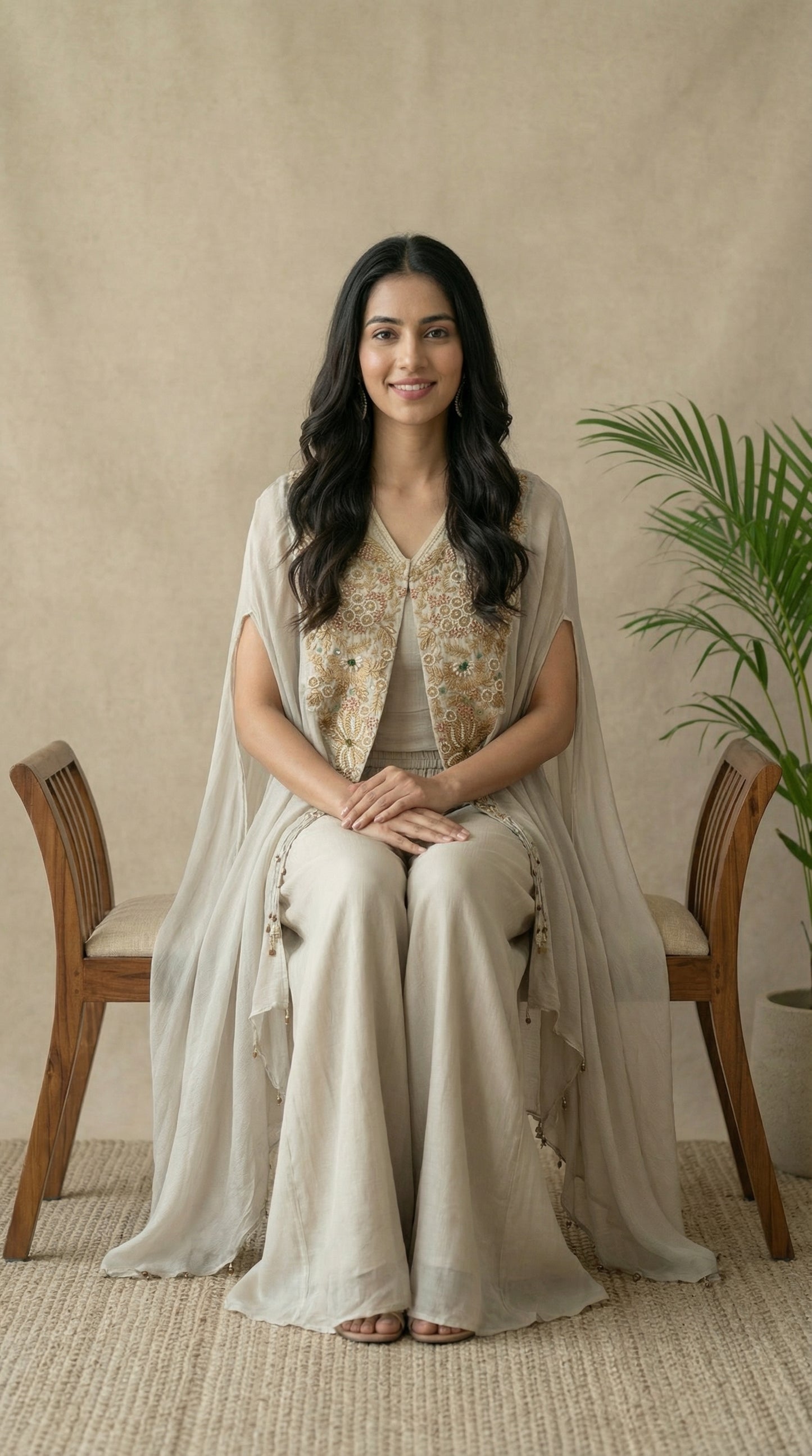 Light Grey Embroidered Cape Indo-Western Set