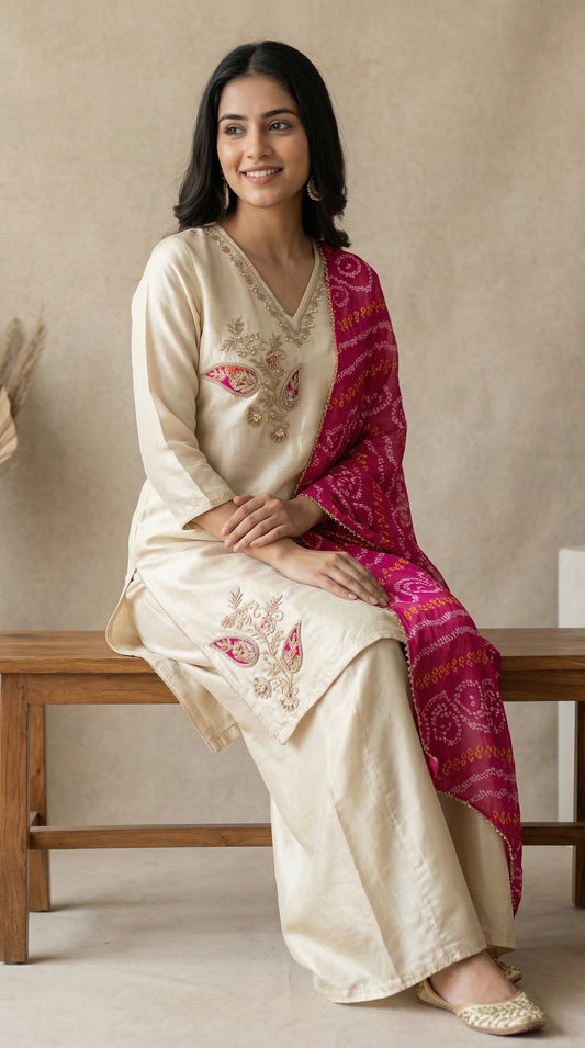 Chiku Coloured Silk Kurta Set with Hand Embroidered Gota Patti & Bandhani Dupatta