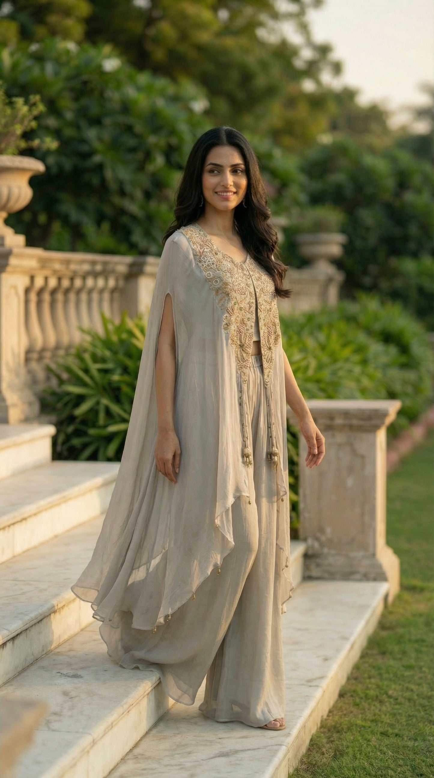 Light Grey Embroidered Cape Indo-Western Set