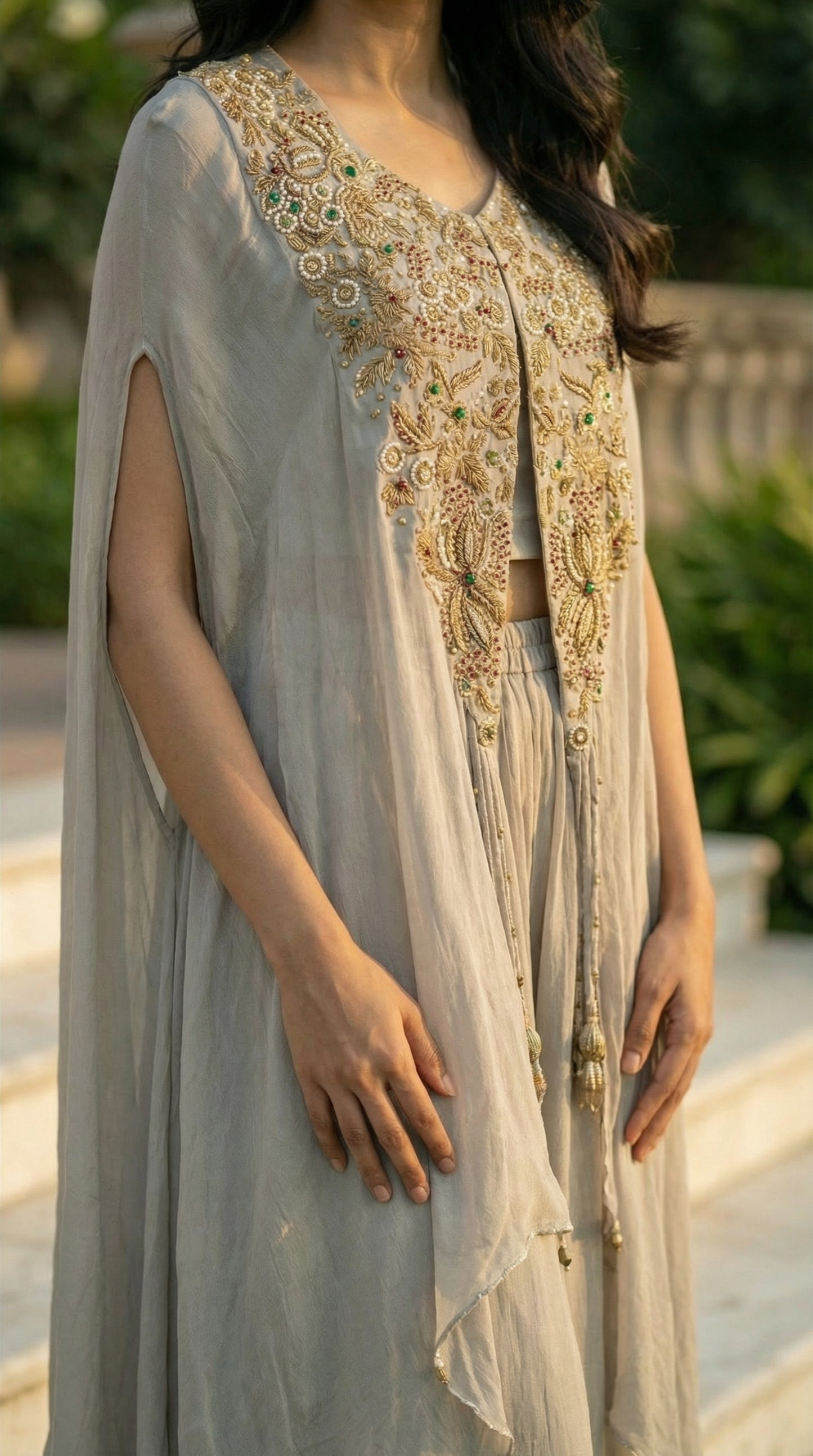 Light Grey Embroidered Cape Indo-Western Set