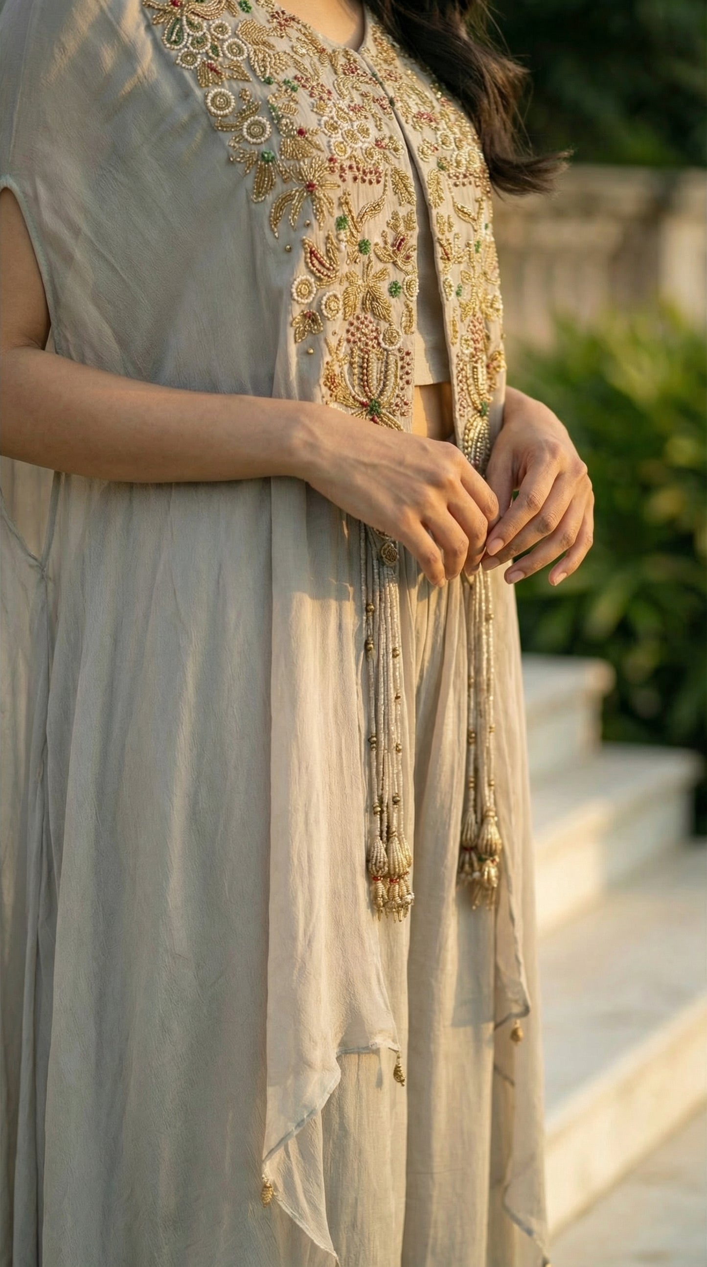 Light Grey Embroidered Cape Indo-Western Set