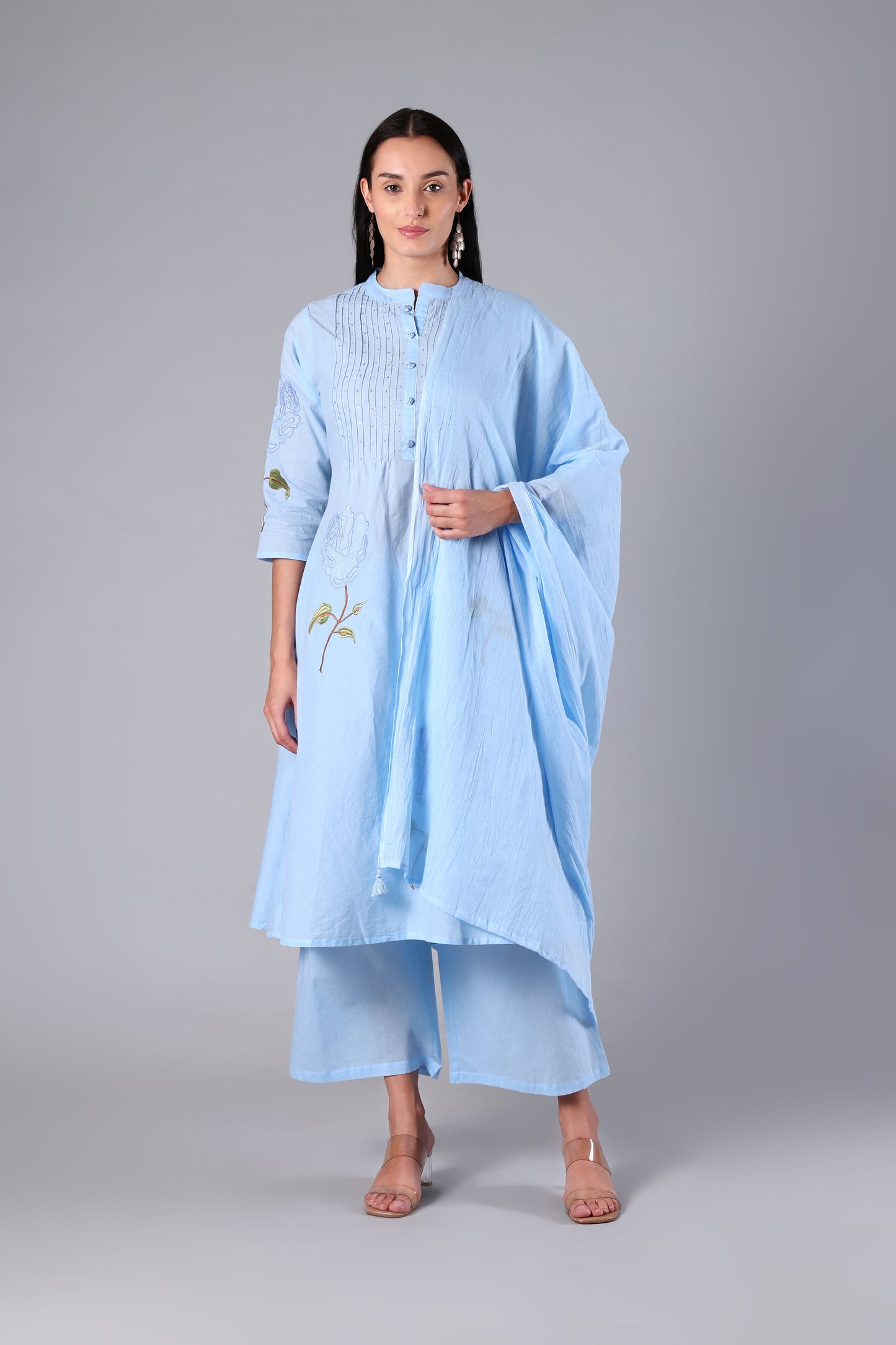 Eira | Blue Embroidered Cotton Suit Set