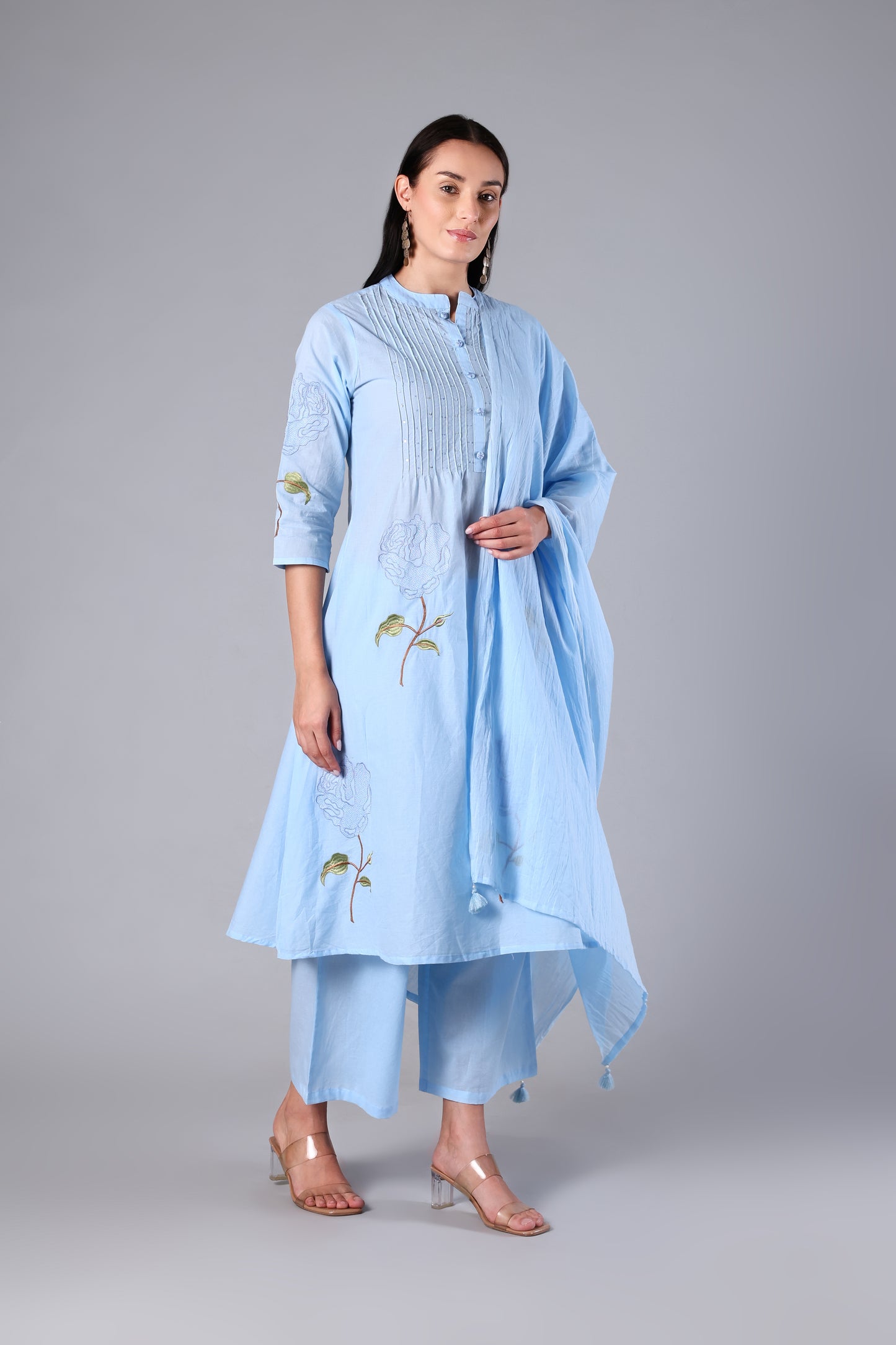 Eira | Blue Embroidered Cotton Suit Set