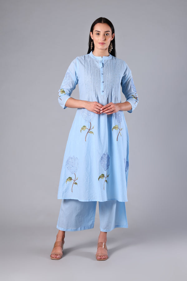 Eira | Blue Embroidered Cotton Suit Set