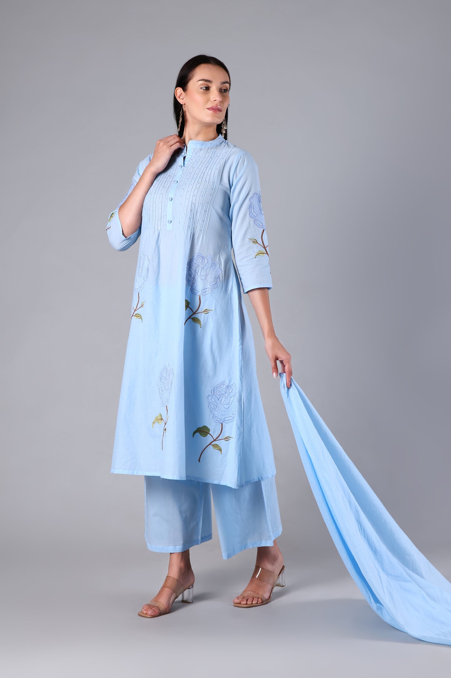 Eira | Blue Embroidered Cotton Suit Set