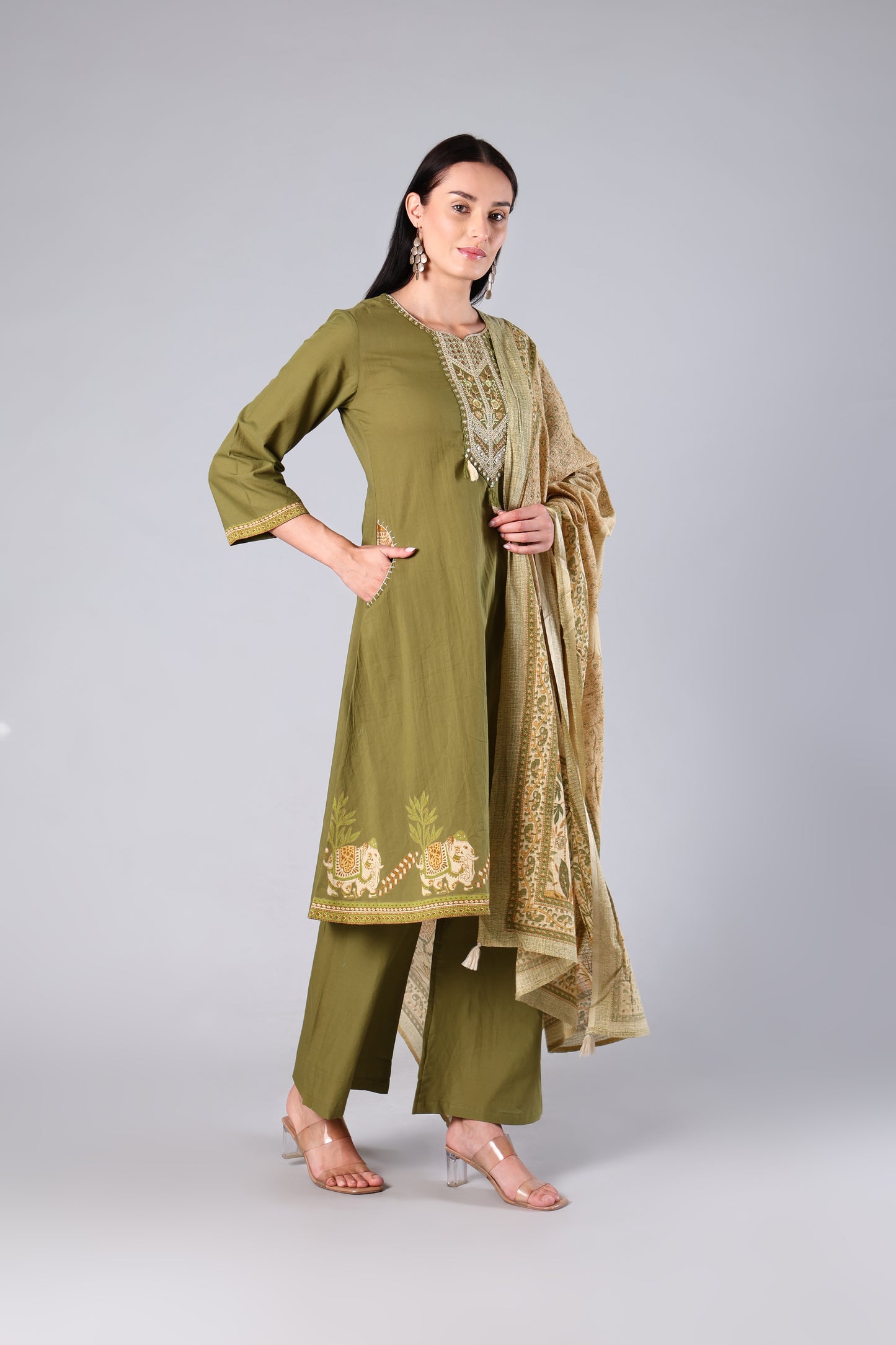 Vyoma | Green Animal Print Cotton Suit Set