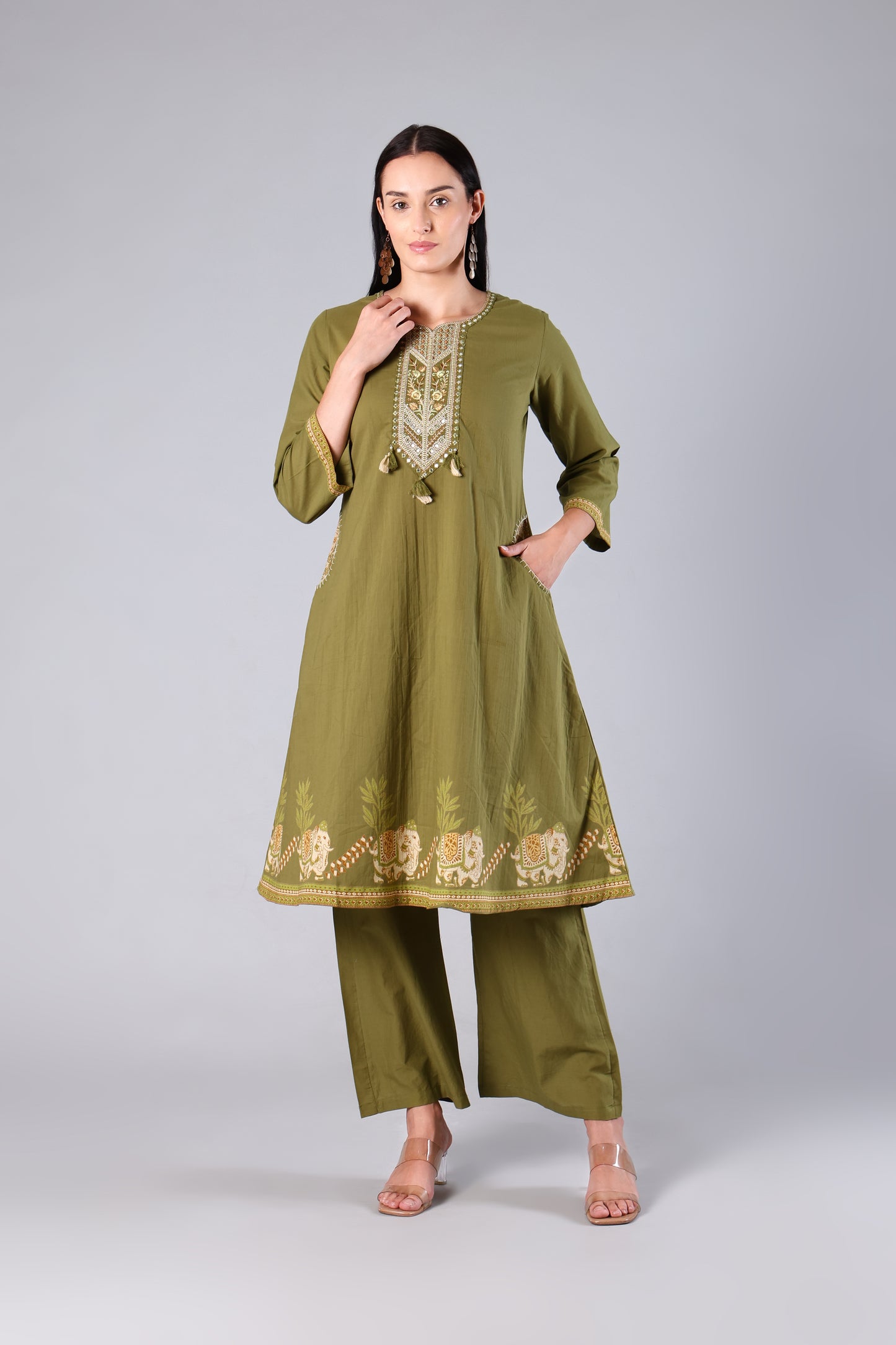 Vyoma | Green Animal Print Cotton Anarkali Suit Set