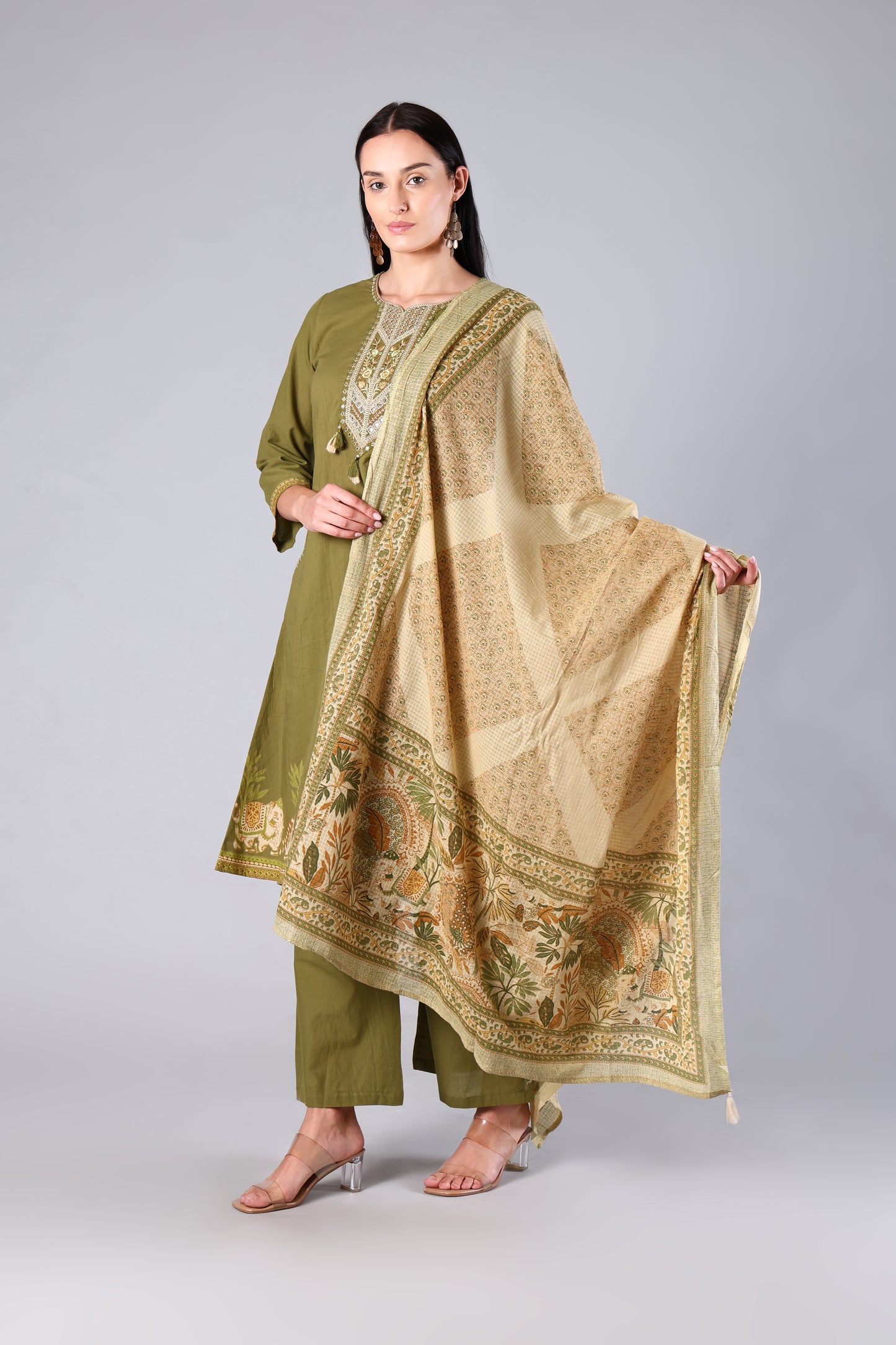 Vyoma | Green Animal Print Cotton Anarkali Suit Set