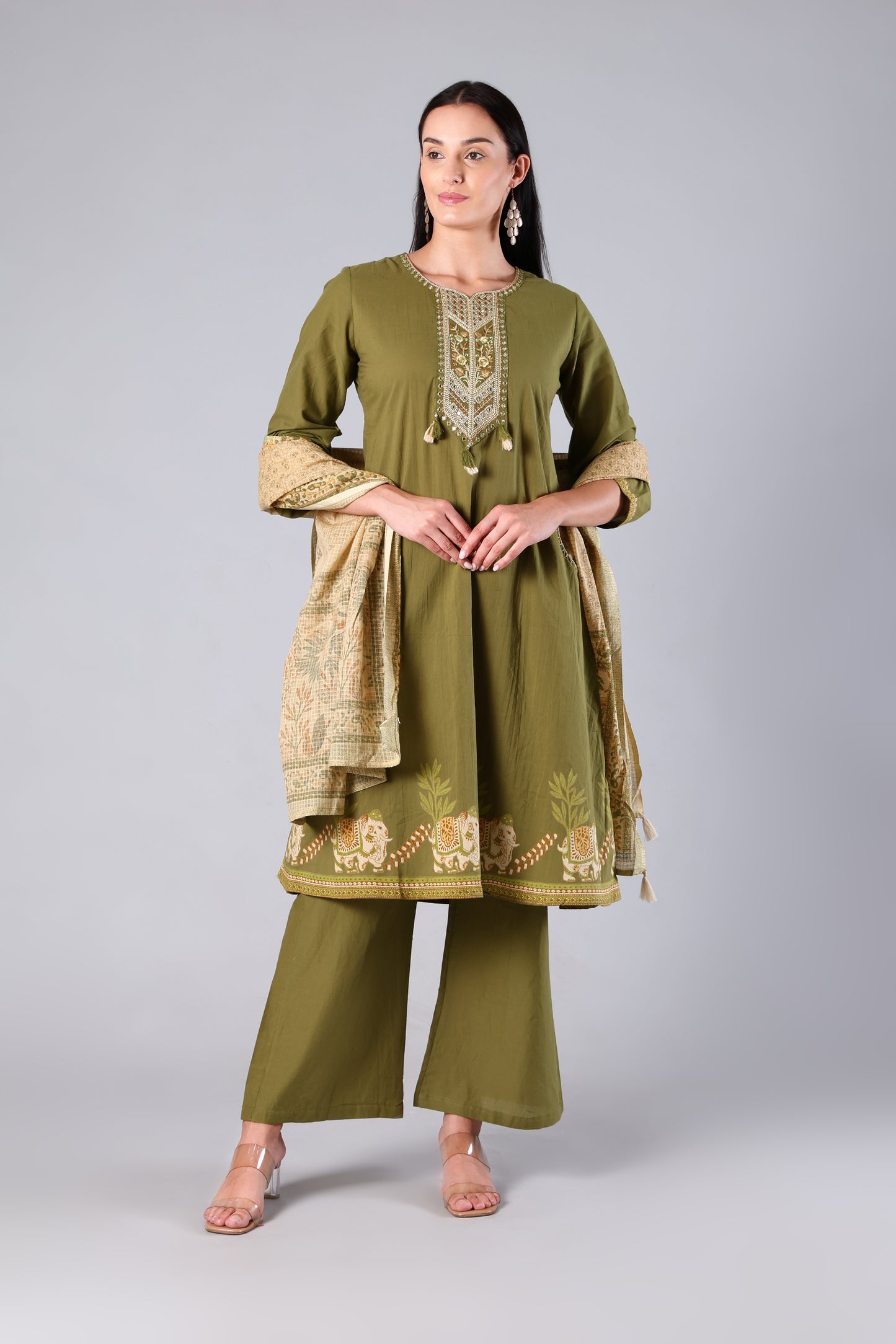 Vyoma | Green Animal Print Cotton Anarkali Suit Set