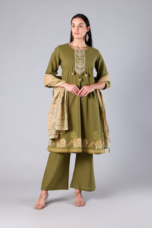 Vyoma | Green Animal Print Cotton Anarkali Suit Set