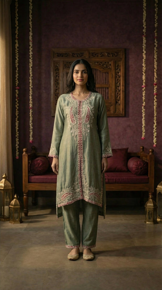 Pastel Green Dola Silk Co-ord Set with Applique Work