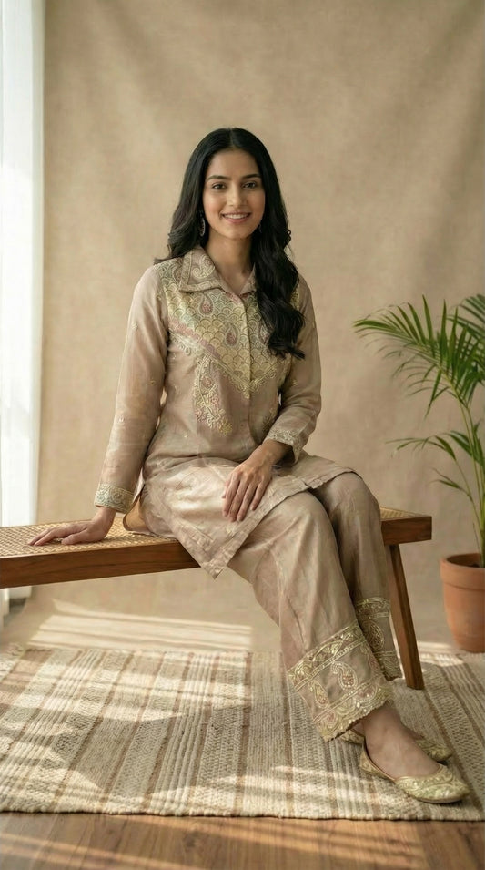 Onion Colour Embroidered Co-ord Set