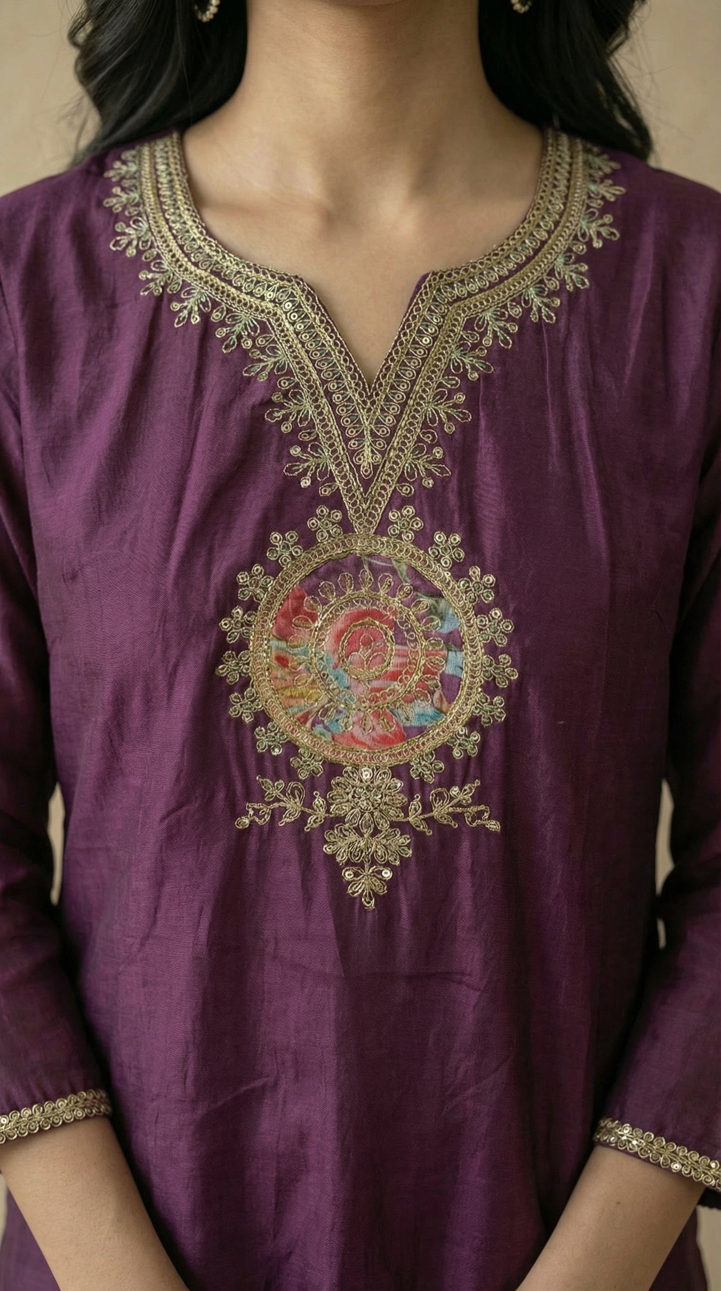 Wine Colour Embroidered Kurta Set with Printed Dupatta