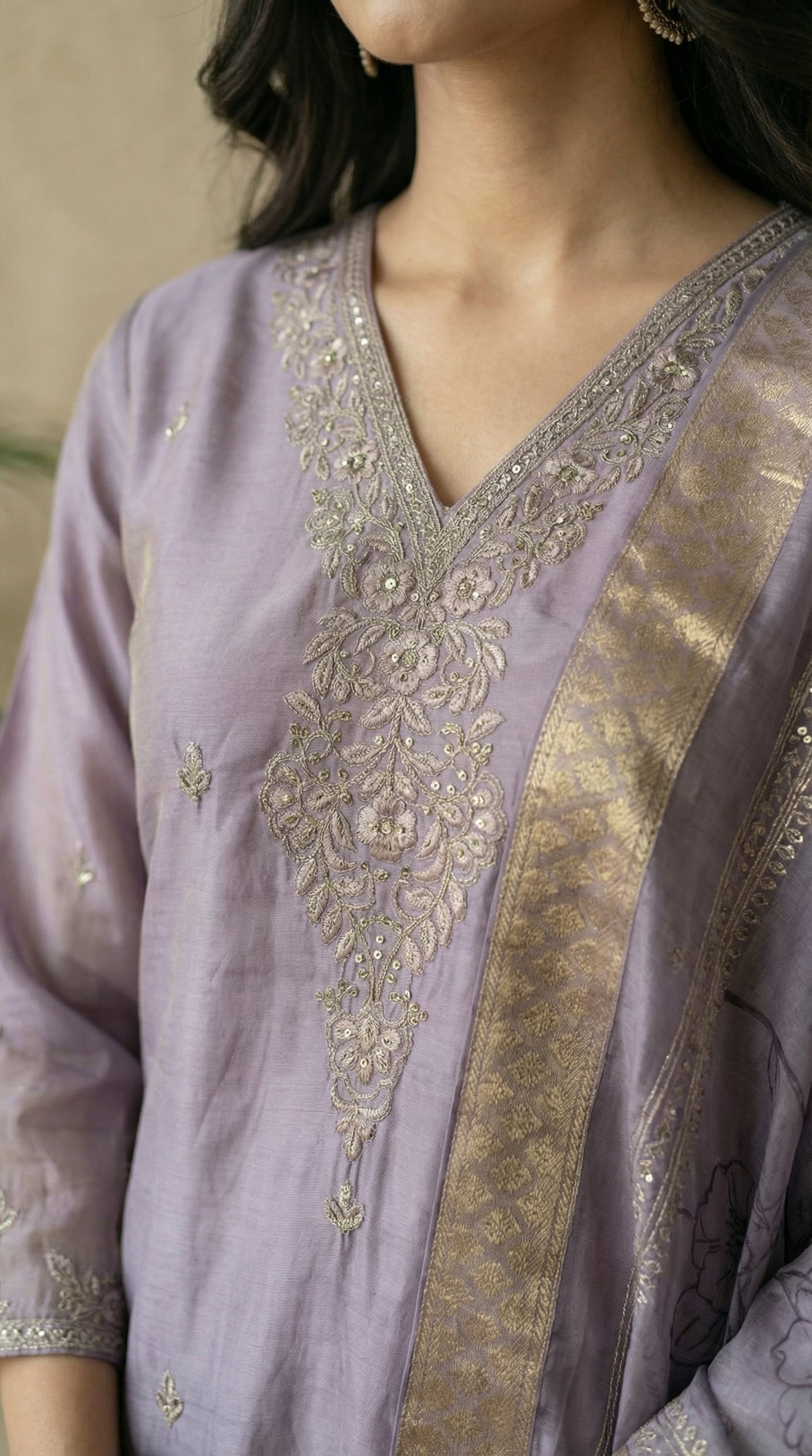 Lavender Silk Embroidered Kurta Set with Dupatta