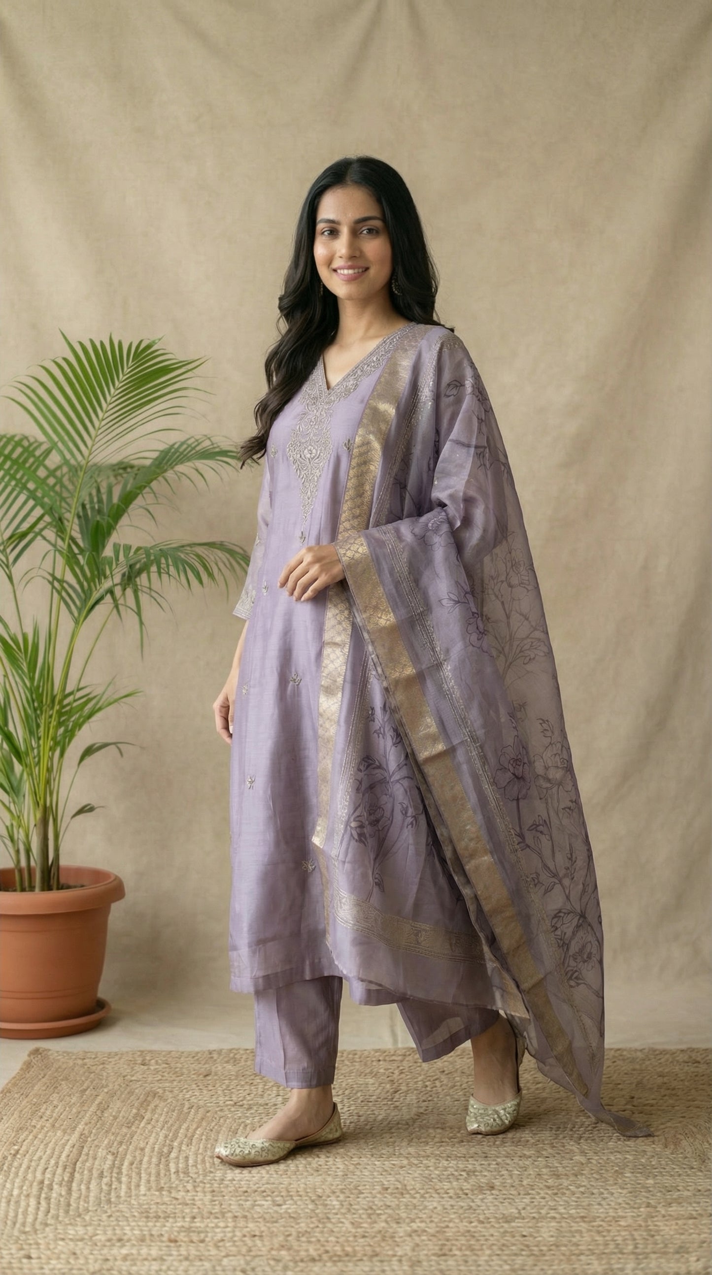 Lavender Silk Embroidered Kurta Set with Dupatta