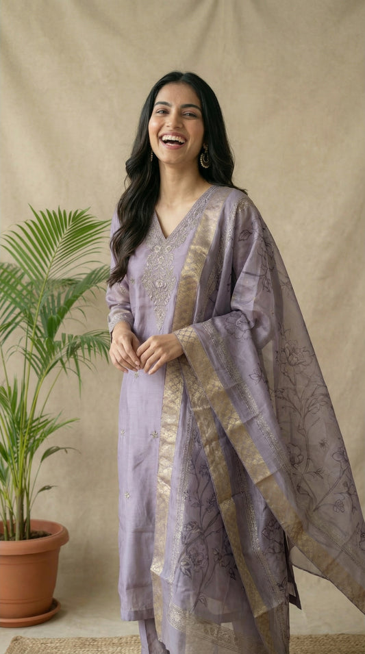 Lavender Silk Embroidered Kurta Set with Dupatta