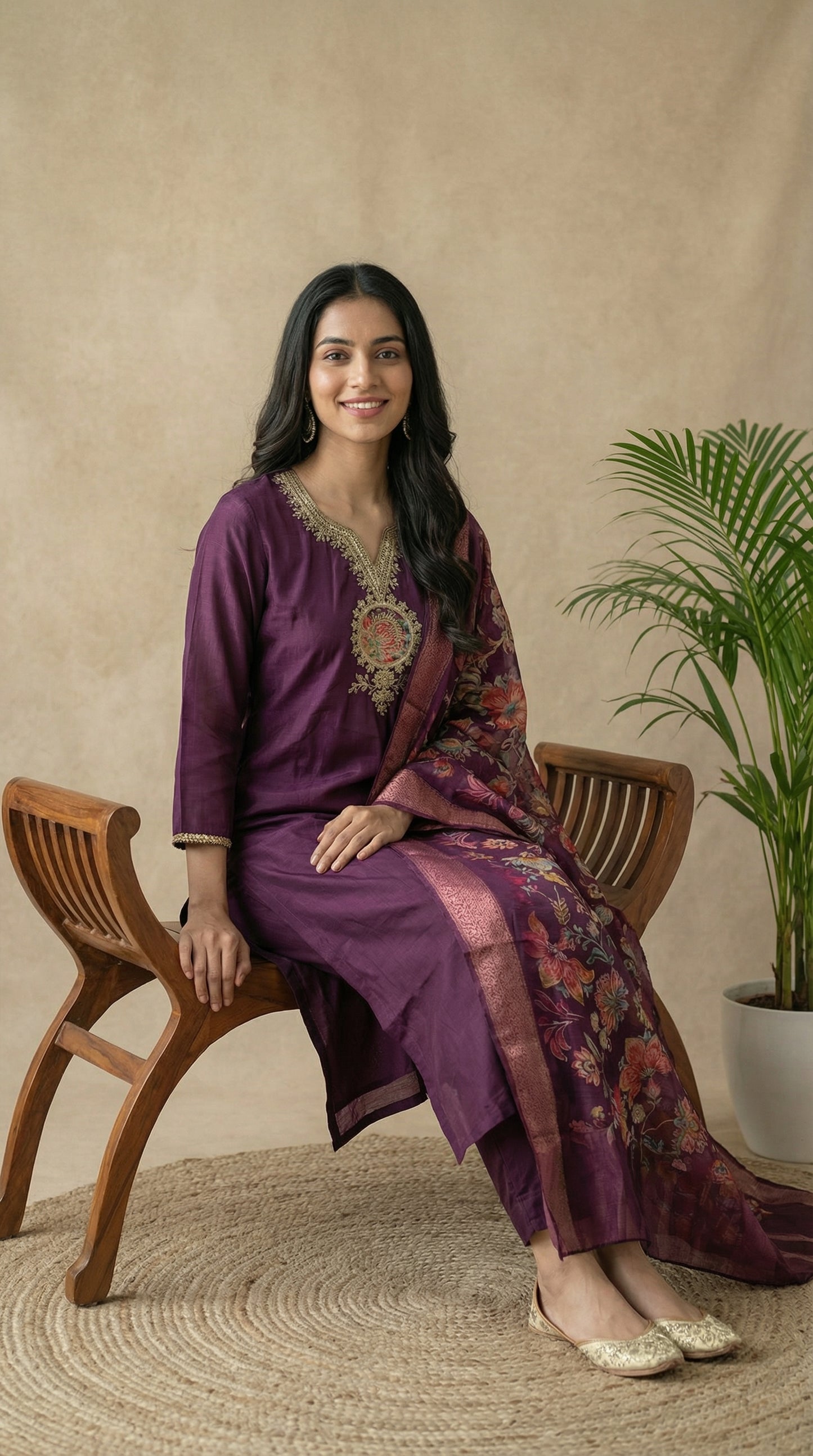 Wine Colour Embroidered Kurta Set with Printed Dupatta