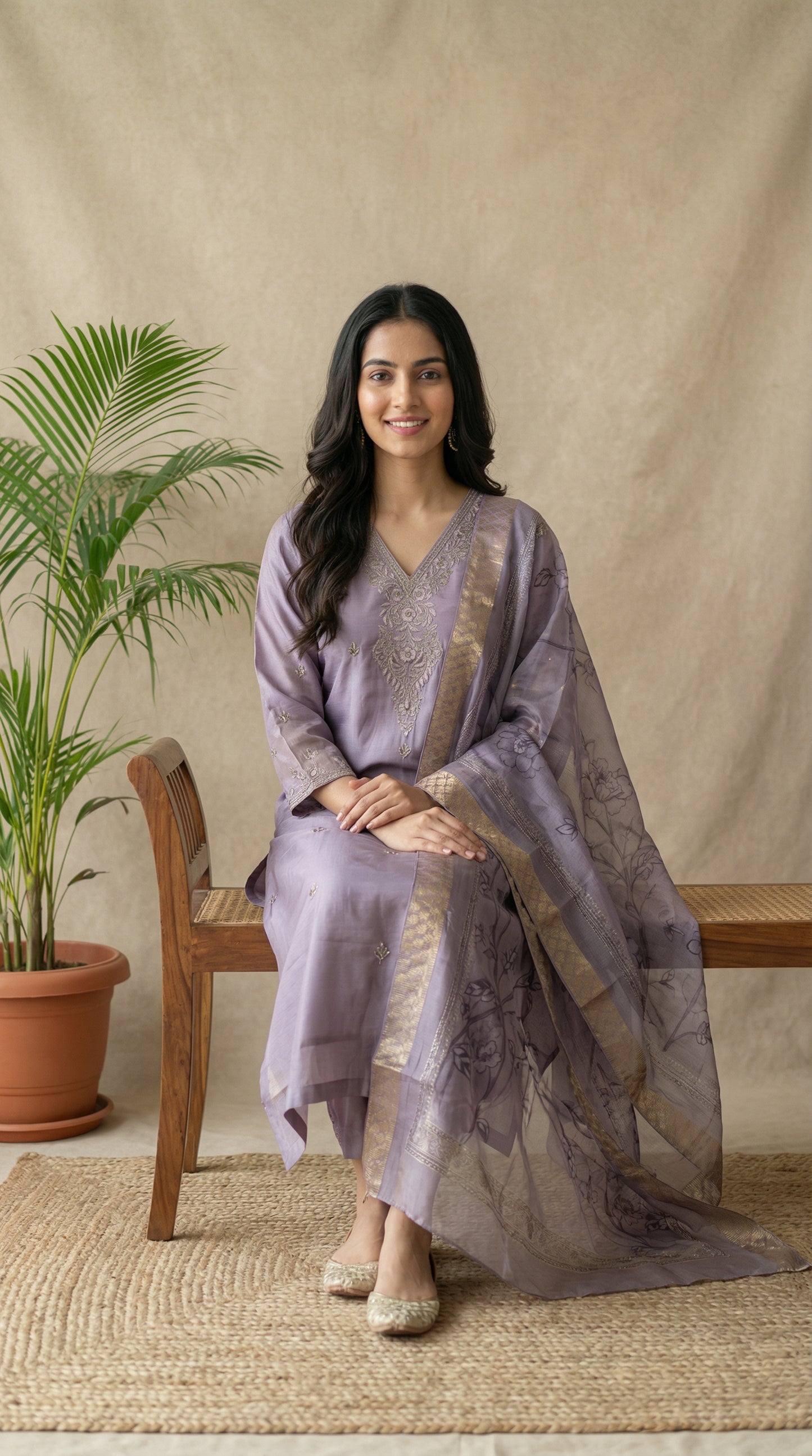 Lavender Silk Embroidered Kurta Set with Dupatta