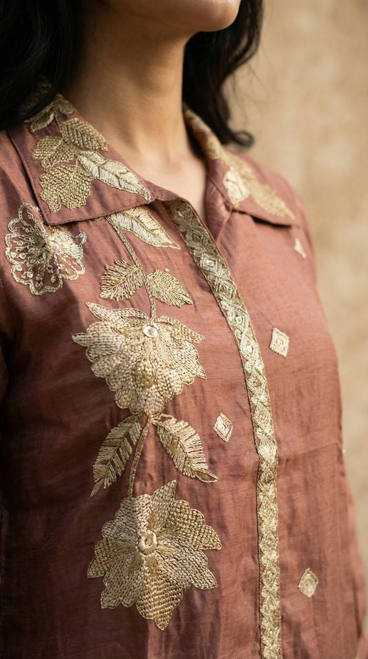 Chinon Silk Embroidered Co-ord Set in Rust Brown