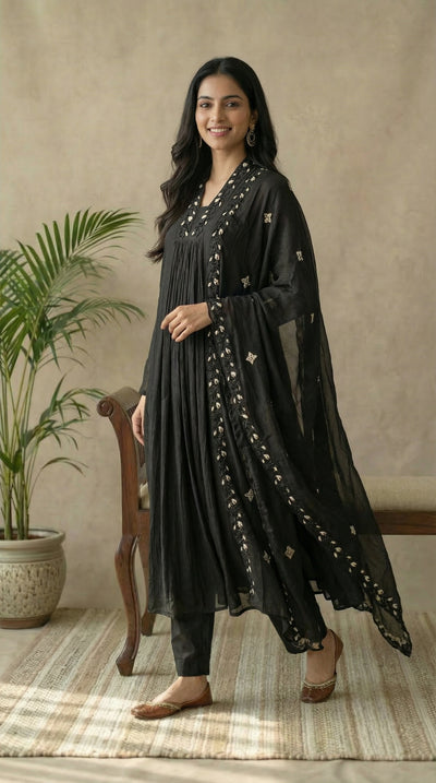 Black Chinon Embroidered Kurta Set with Dupatta