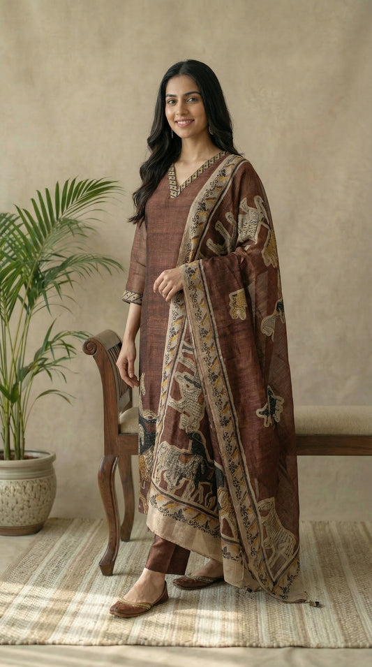 Brown Linen Printed Kurta Set with Dupatta