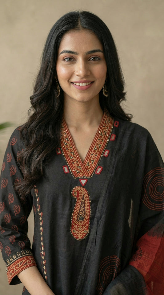 Black Pure Cotton Kurta Set with Printed Dupatta