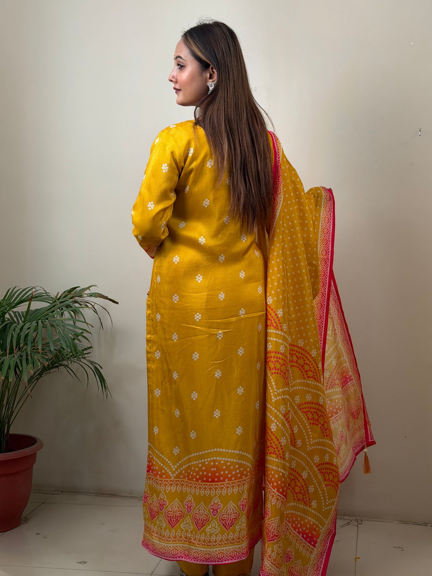 Mustard Yellow Printed Silk Kurta Set with Dupatta