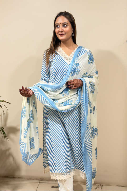 Woman wearing a blue and white patterned outfit with a matching dupatta against a beige wall.