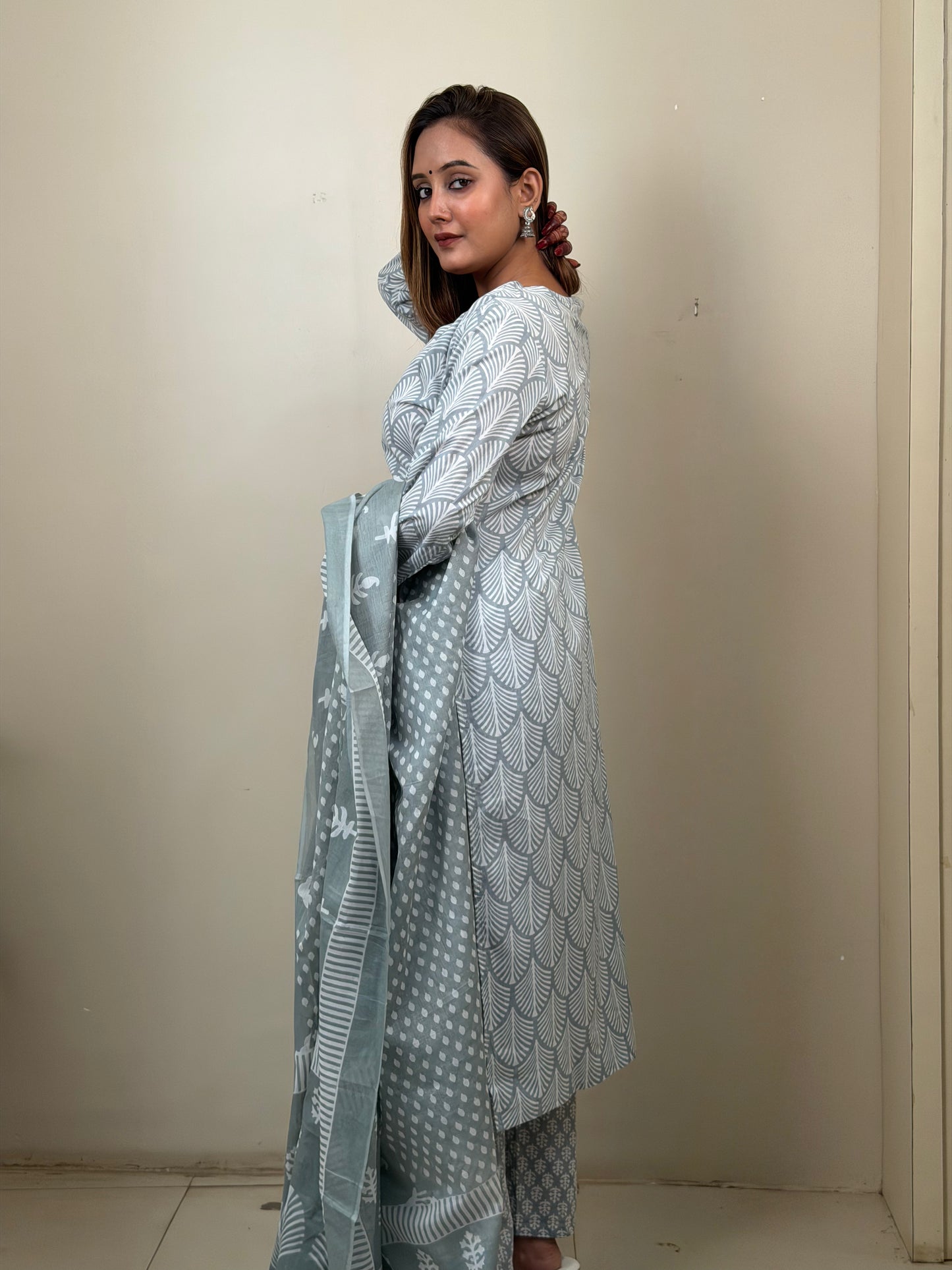 Sage Green Printed Pure Cotton Kurta Set with Dupatta
