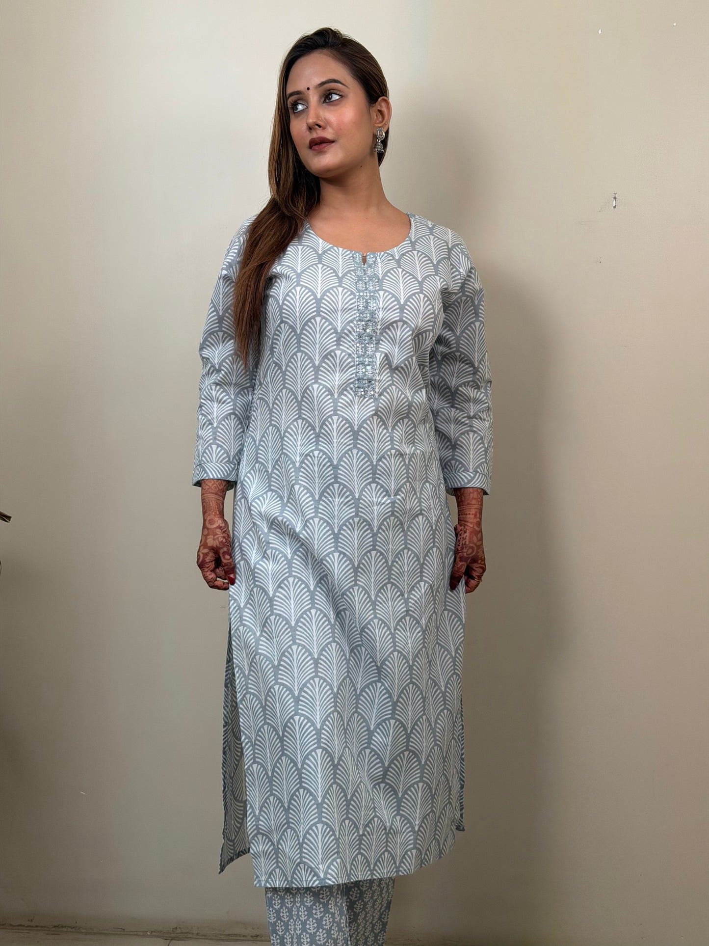 Sage Green Printed Pure Cotton Kurta Set with Dupatta